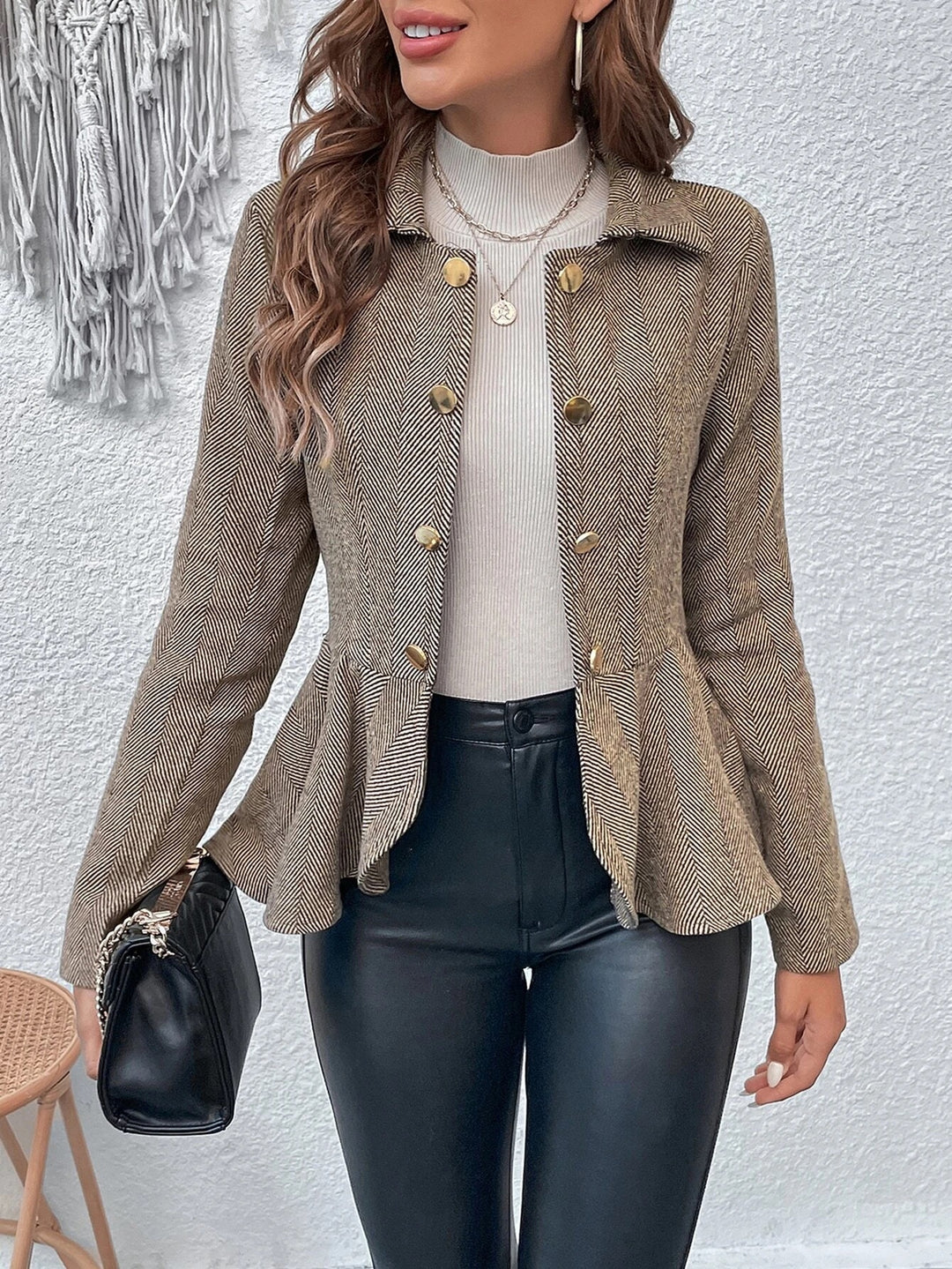 Lapel Ruffled Slim Double-breasted Blazer