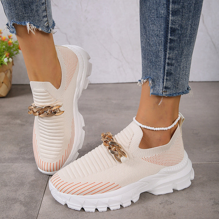 Fashion Chain Design Mesh Shoes  Breathable Casual Soft Sole Walking Sock Slip On Flat Shoes