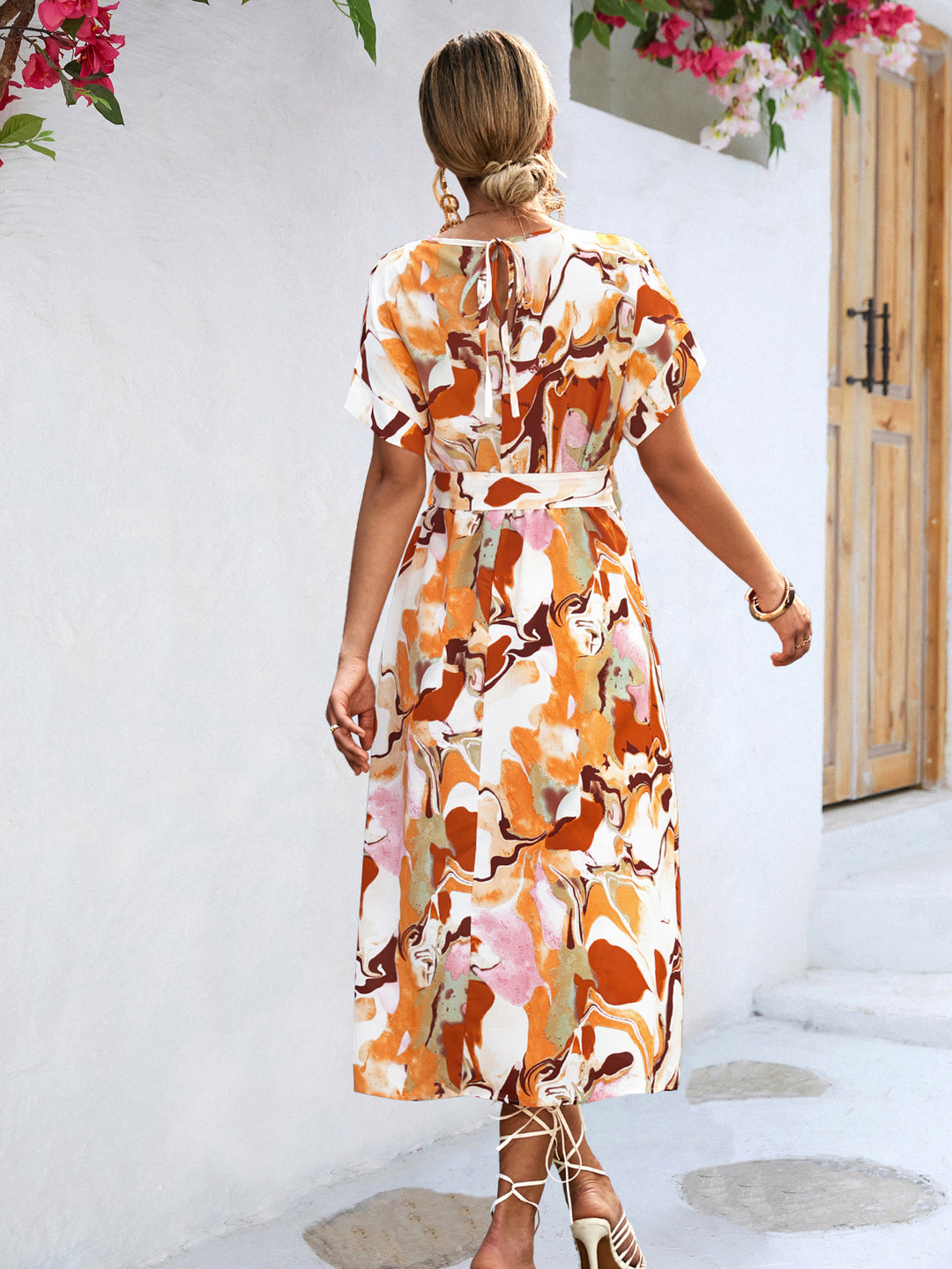 Summer Print Short-sleeved Dress Summer Loose Lace-up A-line Long Dresses Fashion Casual Holiday Beach Dress