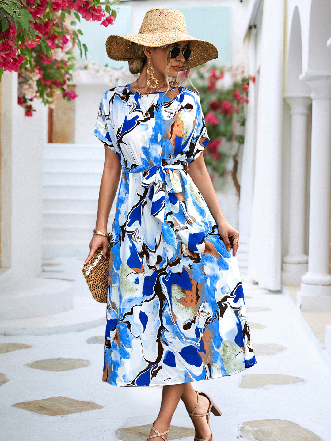 Summer Print Short-sleeved Dress Summer Loose Lace-up A-line Long Dresses Fashion Casual Holiday Beach Dress