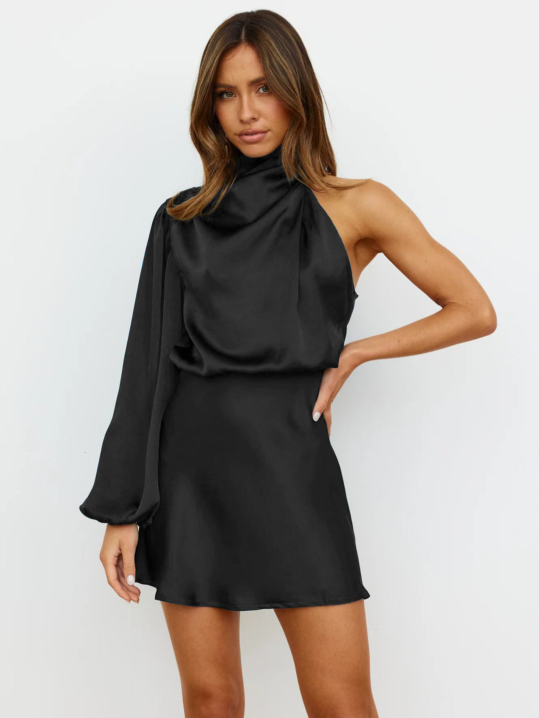 Satin Long Sleeve One-shoulder Elegant Dress