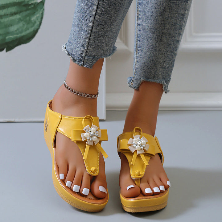 Flower Pearl Sandals Fashion Clip Toe Flip Flops Shoes Wedges Beach Shoes