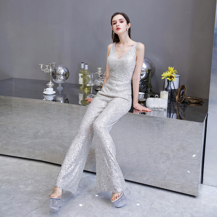 Fashionable Temperament Dress Waist Slim Jumpsuit Wide-leg Pants Ladies Party Annual Meeting Evening Dress