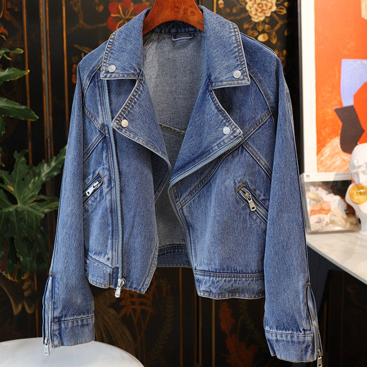 Large Lapel Long-sleeve Zipper Locomotive Style Denim Coat Jacket