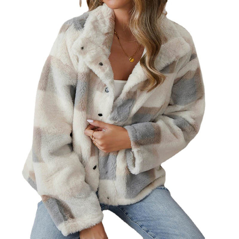 Plaid Plush Jacket Coat Lapel Warm Short Coat Foreign Trade Wholesale