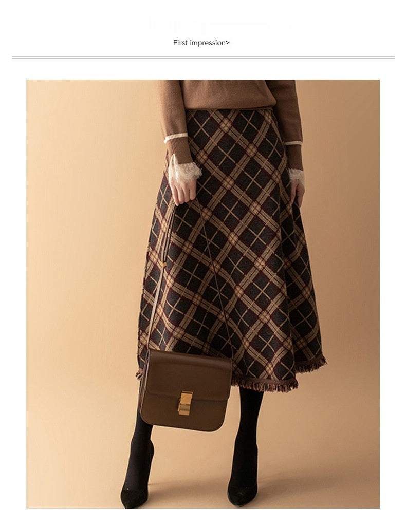 Plaid  Big Hem Skirt Wool Midi Dress