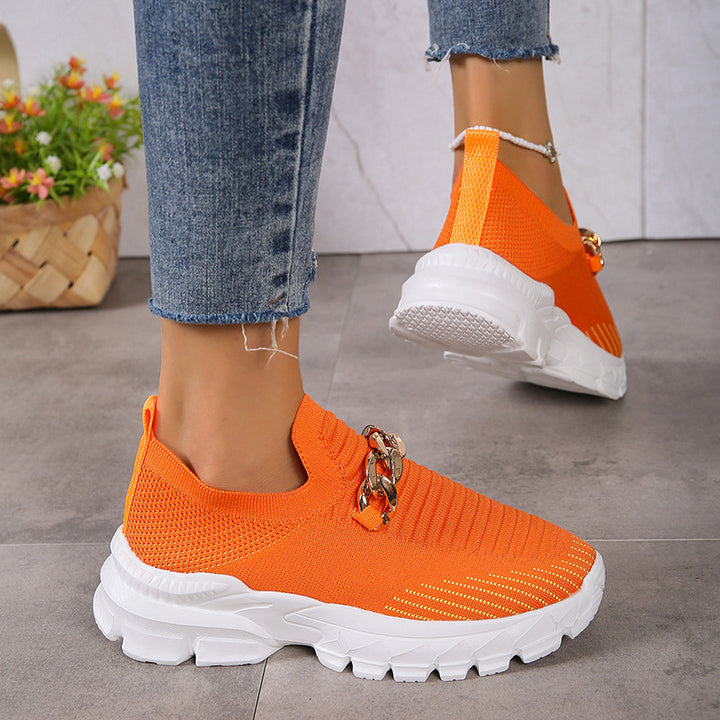 Fashion Chain Design Mesh Shoes  Breathable Casual Soft Sole Walking Sock Slip On Flat Shoes