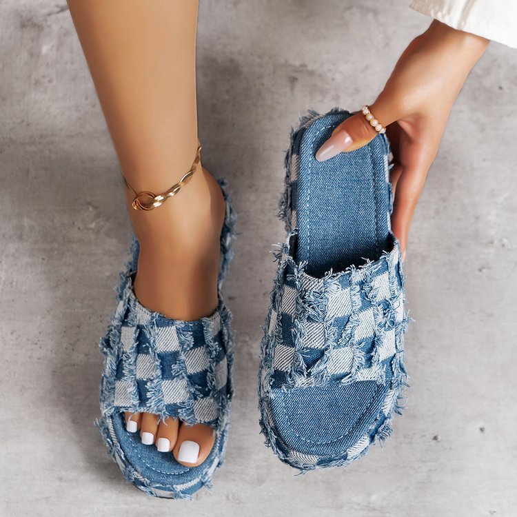 Fashion Slope Heel Thick Bottom Outside Wear Denim Slippers