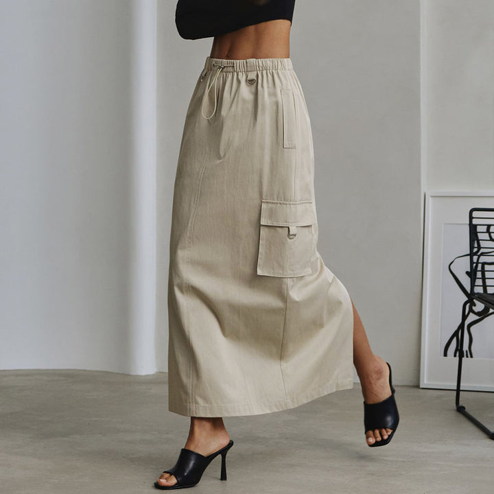 Fashion Drawstring Elastic Waist Double Pocket Cotton High Waist Skirt