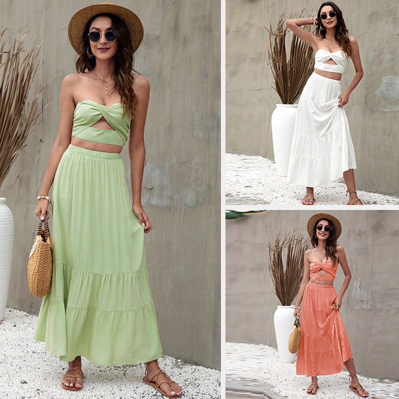 Beach Style Pure Color Ruffles European And American Skirt