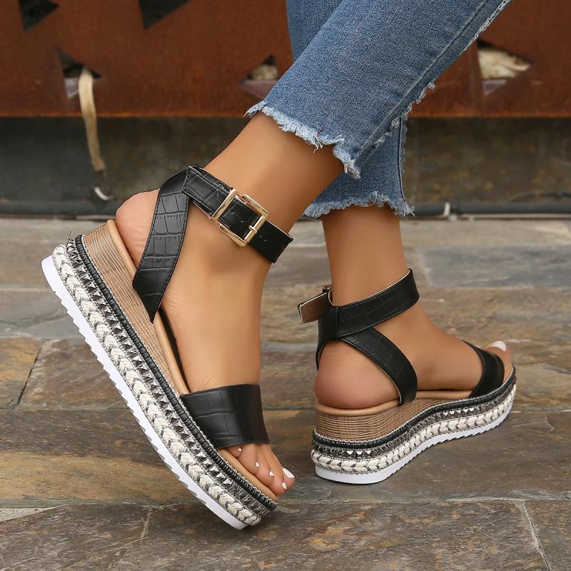 Summer Sandals Buckle Strap Hemp Wedges Platform Peep Toe Shoes