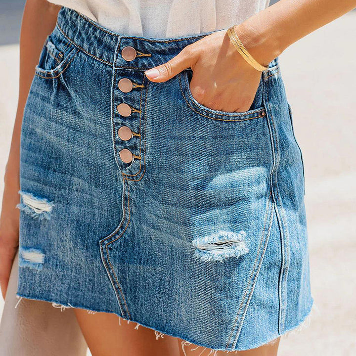 Ripped Washed Multi-button Casual Denim Skirt