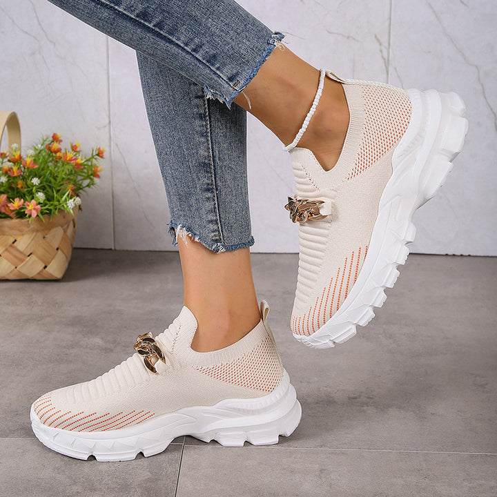 Fashion Chain Design Mesh Shoes  Breathable Casual Soft Sole Walking Sock Slip On Flat Shoes