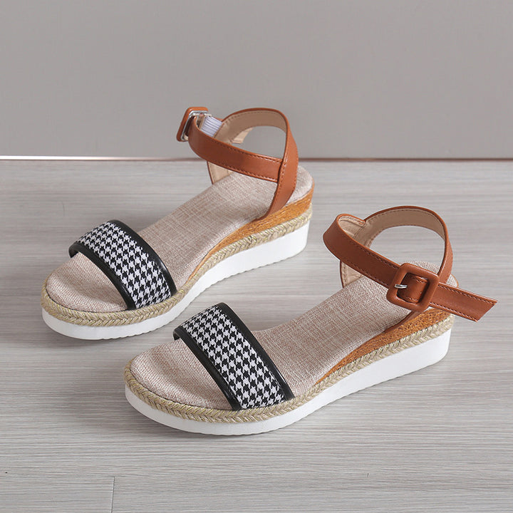 Houndstooth Print Sandals Women Summer Buckle Dress Shoes