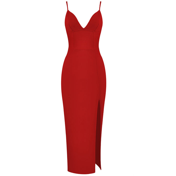 Slim Strap V-Neck Solid Color Slit Dress