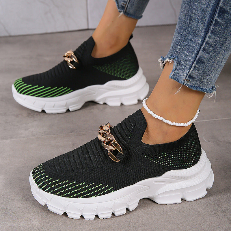 Fashion Chain Design Mesh Shoes  Breathable Casual Soft Sole Walking Sock Slip On Flat Shoes