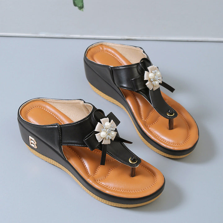 Flower Pearl Sandals Fashion Clip Toe Flip Flops Shoes Wedges Beach Shoes