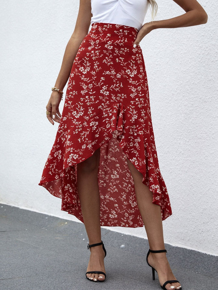 Ruffled Printed Irregular Swing Skirt