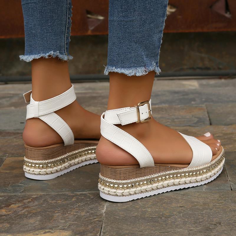 Summer Sandals Buckle Strap Hemp Wedges Platform Peep Toe Shoes