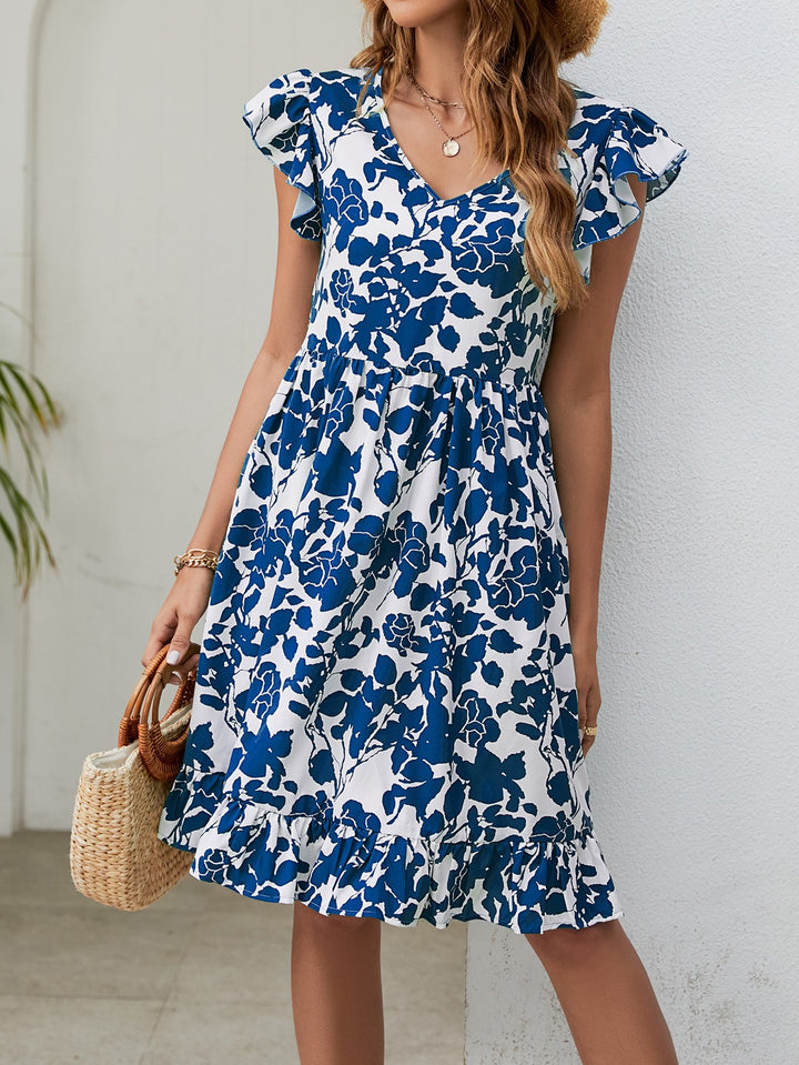 Leaf Print Dress Summer V-neck Ruffled Sleeveless A-Line Dresses Fashion Casual Holiday Beach Dress