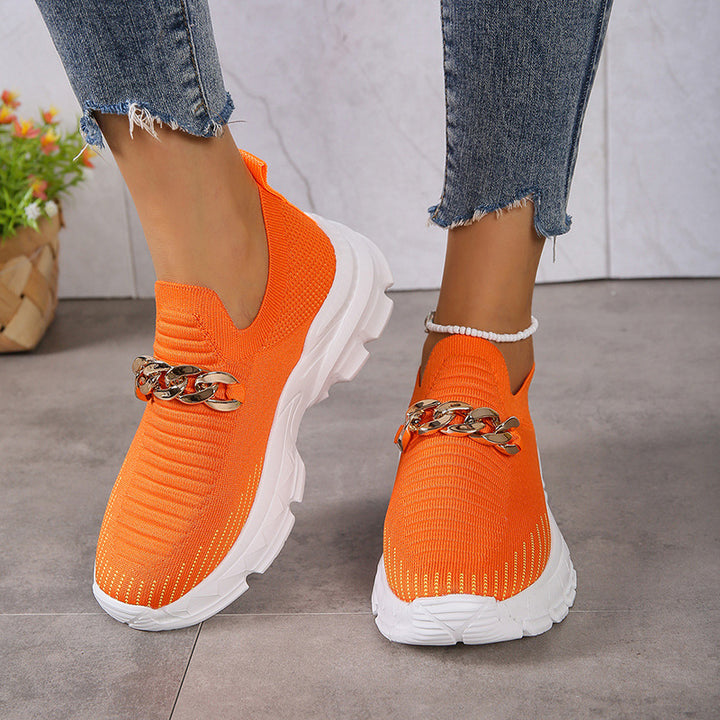 Fashion Chain Design Mesh Shoes  Breathable Casual Soft Sole Walking Sock Slip On Flat Shoes