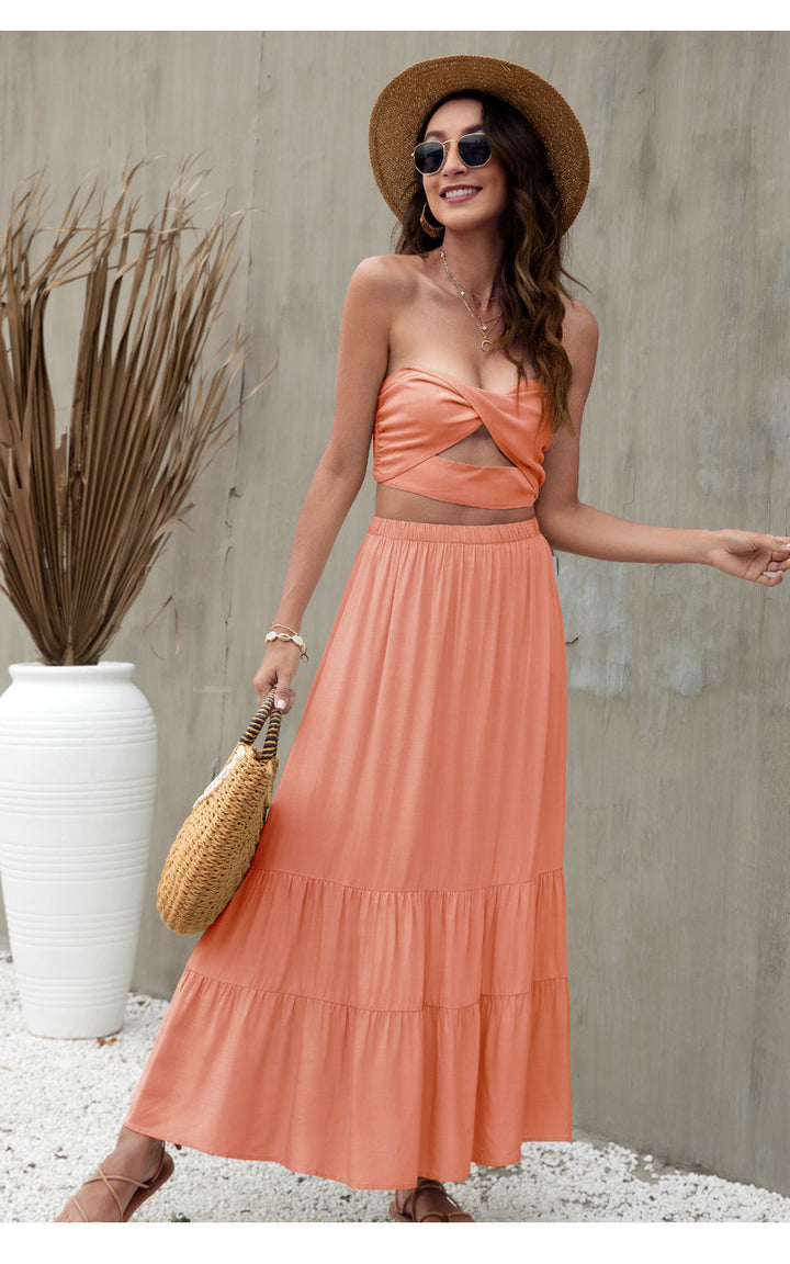 Beach Style Pure Color Ruffles European And American Skirt