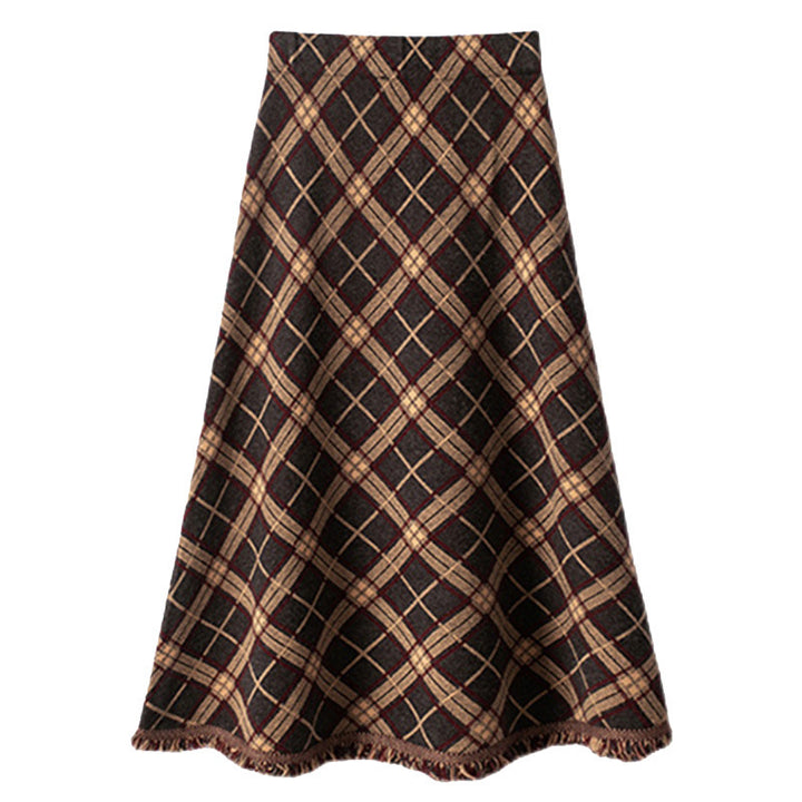 Plaid  Big Hem Skirt Wool Midi Dress