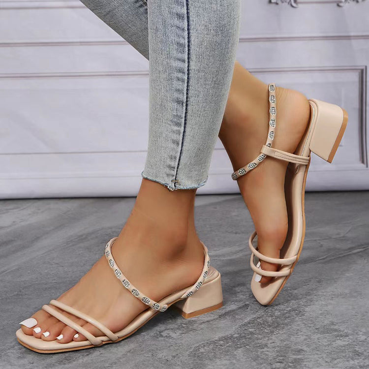 Strappy Sandals Fashion Square Toe Low Heel Shoes Summer