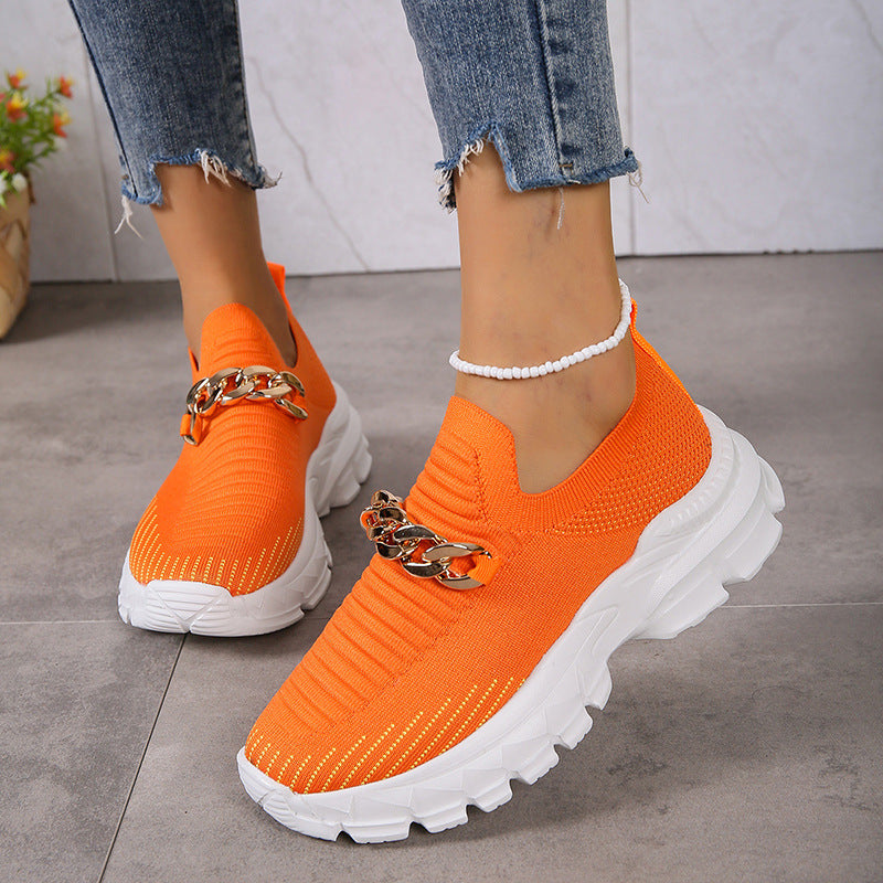 Fashion Chain Design Mesh Shoes  Breathable Casual Soft Sole Walking Sock Slip On Flat Shoes