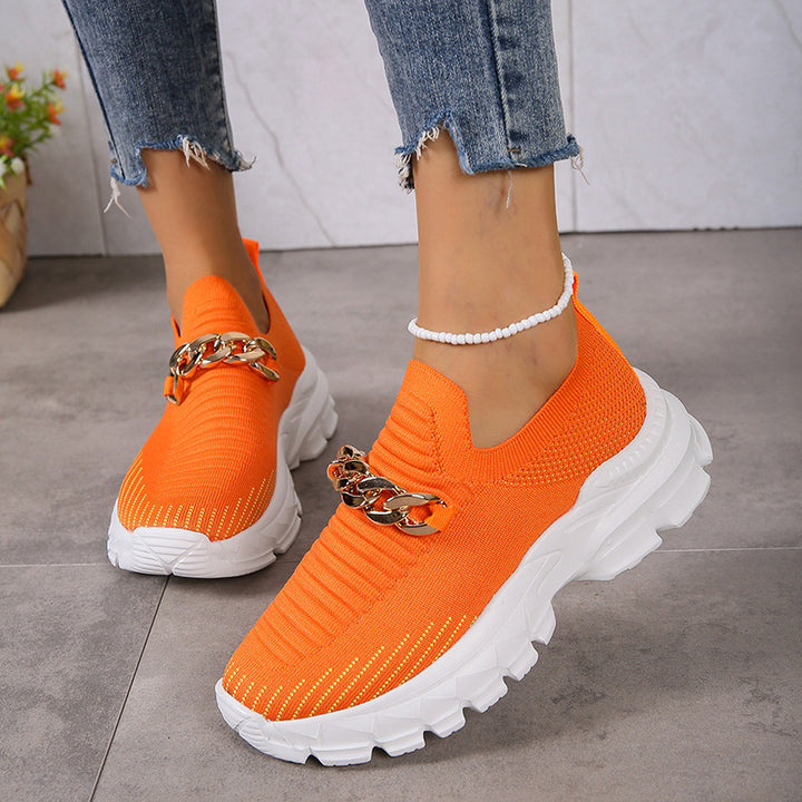 Fashion Chain Design Mesh Shoes  Breathable Casual Soft Sole Walking Sock Slip On Flat Shoes