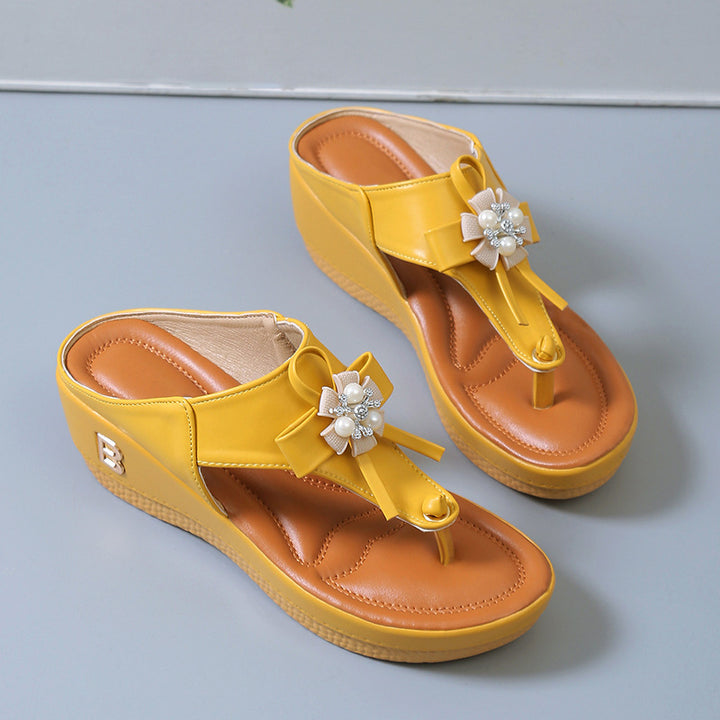 Flower Pearl Sandals Fashion Clip Toe Flip Flops Shoes Wedges Beach Shoes