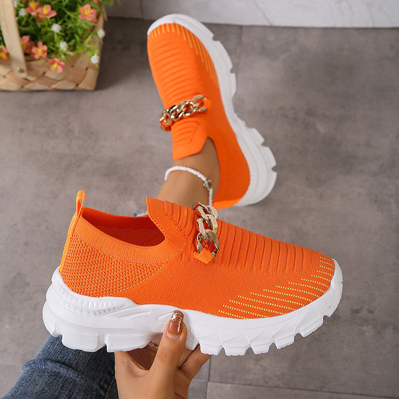 Fashion Chain Design Mesh Shoes  Breathable Casual Soft Sole Walking Sock Slip On Flat Shoes