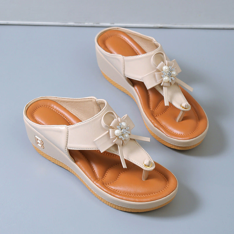 Flower Pearl Sandals Fashion Clip Toe Flip Flops Shoes Wedges Beach Shoes