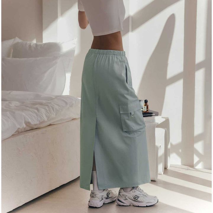 Fashion Drawstring Elastic Waist Double Pocket Cotton High Waist Skirt