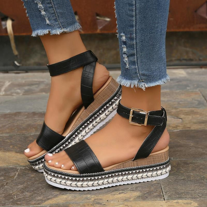 Summer Sandals Buckle Strap Hemp Wedges Platform Peep Toe Shoes