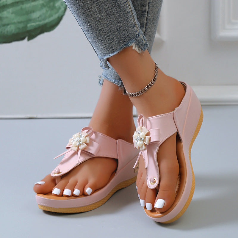 Flower Pearl Sandals Fashion Clip Toe Flip Flops Shoes Wedges Beach Shoes