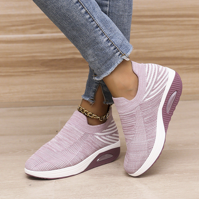 New Stripe Design Mesh Shoes Fashion Slip On Air Cushion Shoes Breathable Round-toe Flats Women