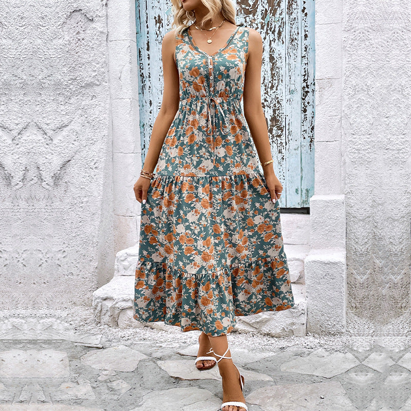 Sleeveless Stitching Printing Dress