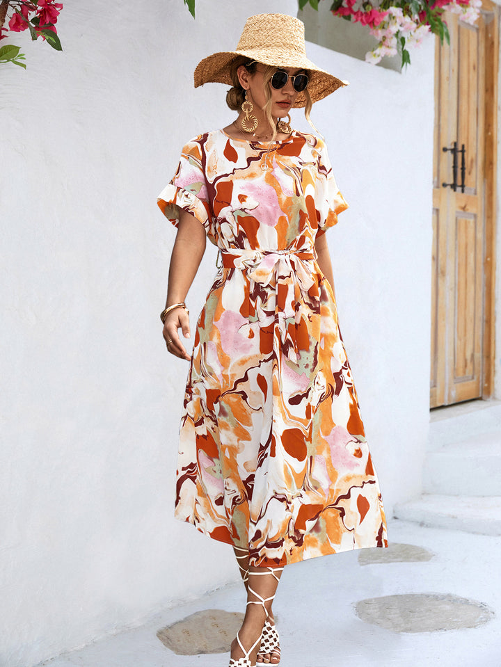 Summer Print Short-sleeved Dress Summer Loose Lace-up A-line Long Dresses Fashion Casual Holiday Beach Dress