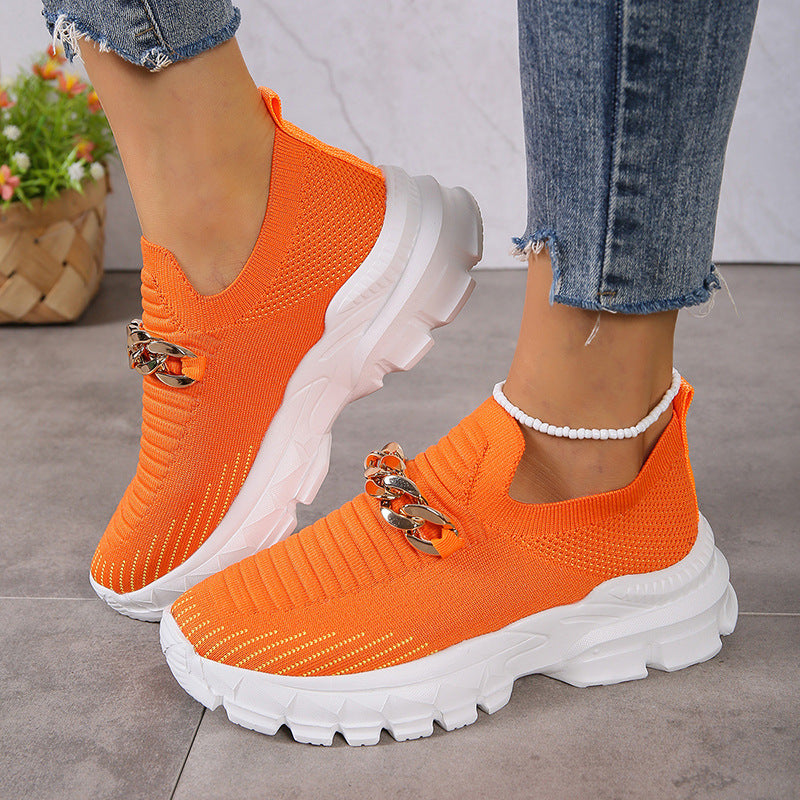 Fashion Chain Design Mesh Shoes  Breathable Casual Soft Sole Walking Sock Slip On Flat Shoes