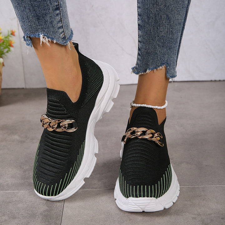 Fashion Chain Design Mesh Shoes  Breathable Casual Soft Sole Walking Sock Slip On Flat Shoes