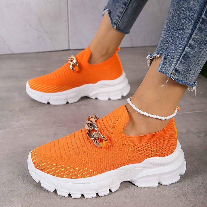 Fashion Chain Design Mesh Shoes  Breathable Casual Soft Sole Walking Sock Slip On Flat Shoes