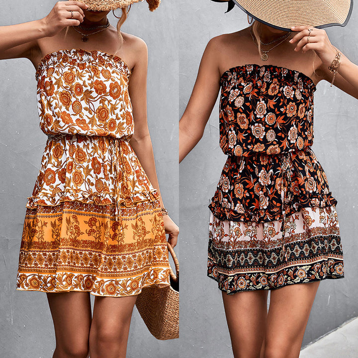 Bohemian Floral Print Strapless Dress Summer Beach Dress