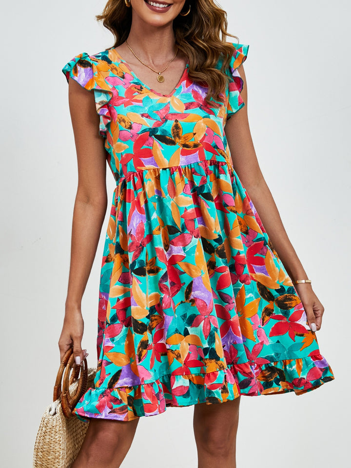 Leaf Print Dress Summer V-neck Ruffled Sleeveless A-Line Dresses Fashion Casual Holiday Beach Dress