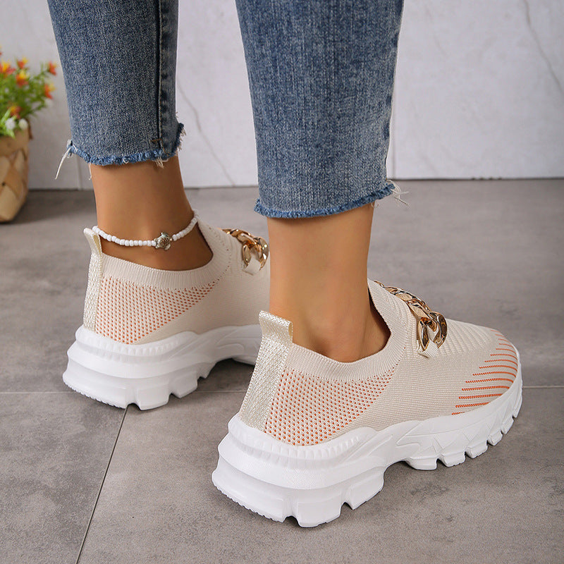 Fashion Chain Design Mesh Shoes  Breathable Casual Soft Sole Walking Sock Slip On Flat Shoes