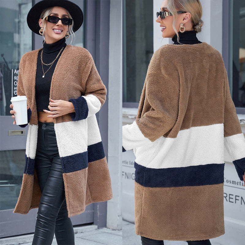 Double Sided Fur Color Block Mid-length Cardigan Trench Coat