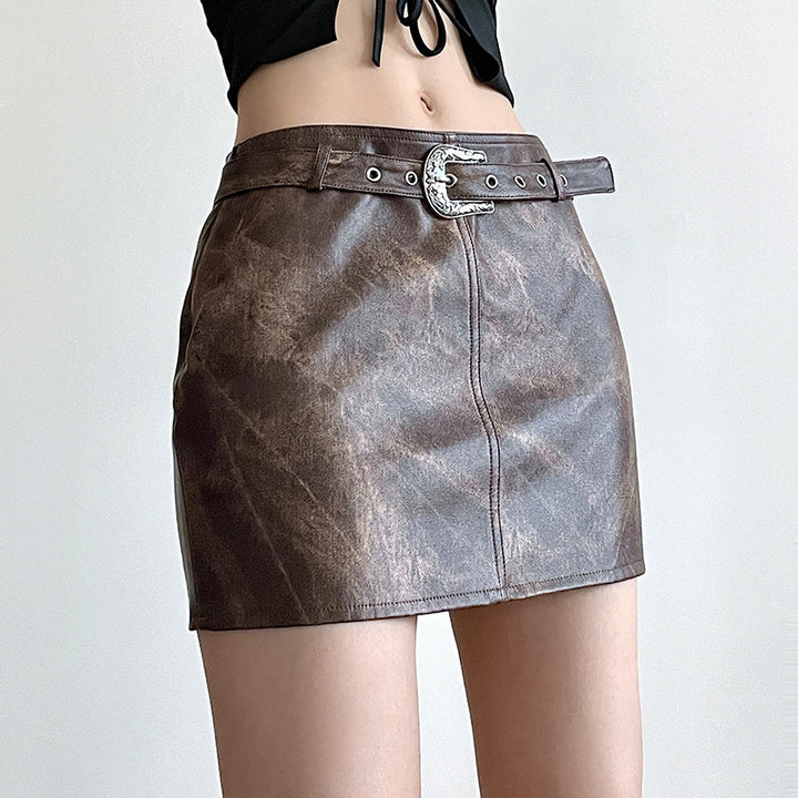 Fashion Brown Vintage Tie-dye Leather Skirt