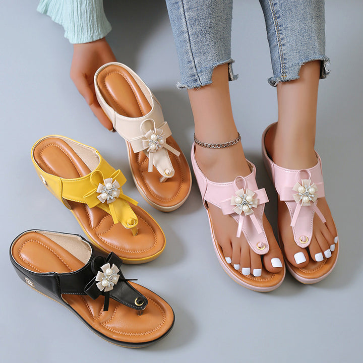 Flower Pearl Sandals Fashion Clip Toe Flip Flops Shoes Wedges Beach Shoes