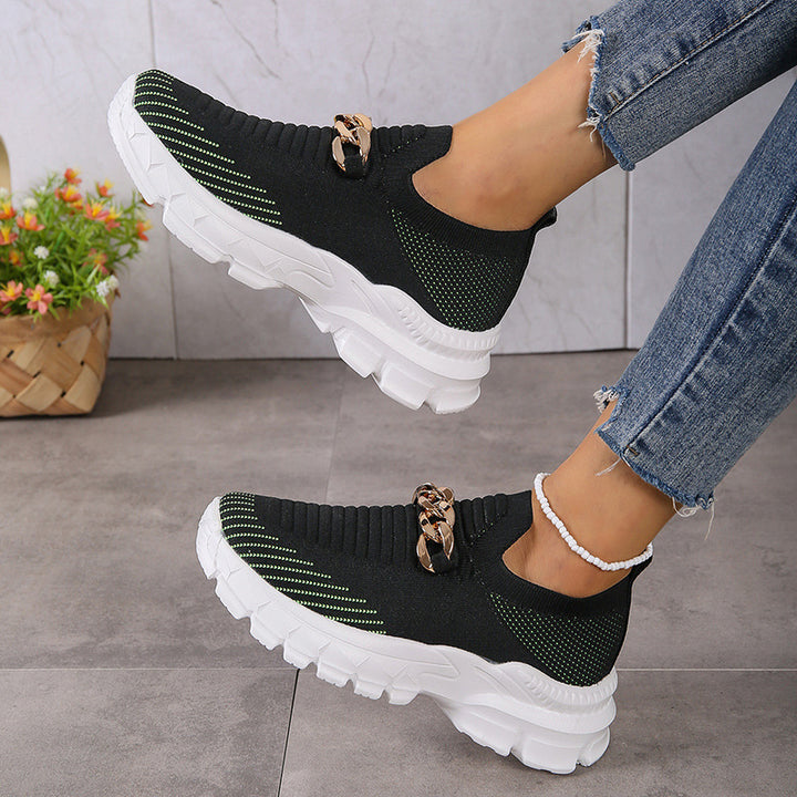 Fashion Chain Design Mesh Shoes  Breathable Casual Soft Sole Walking Sock Slip On Flat Shoes