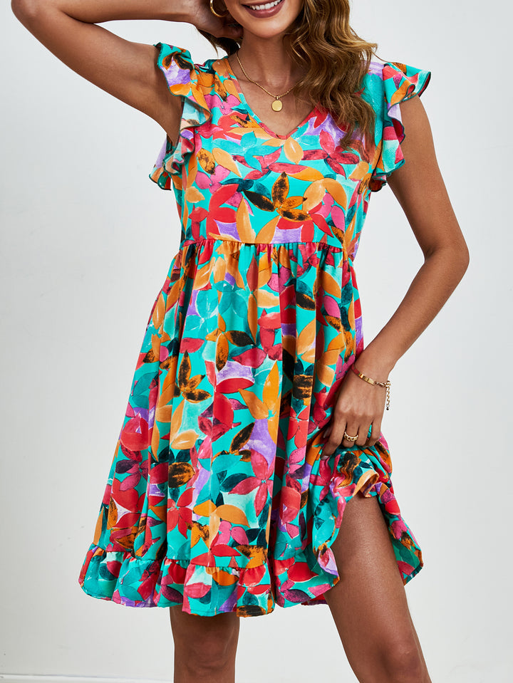 Leaf Print Dress Summer V-neck Ruffled Sleeveless A-Line Dresses Fashion Casual Holiday Beach Dress